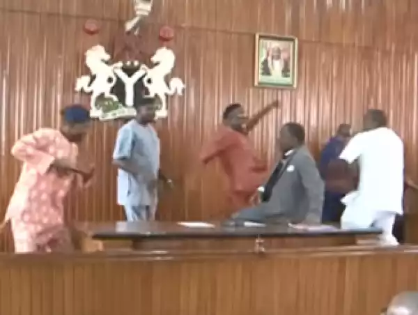 Watch As House Of Assembly Members Exchange Blows & Kick Themselves As Speaker Was Impeached (Video)
